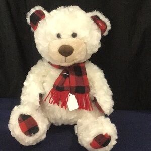 2018 Animal Adventures White Xmas Bear Matching Buffalo Plaid Paws, Ears, Scarf.
